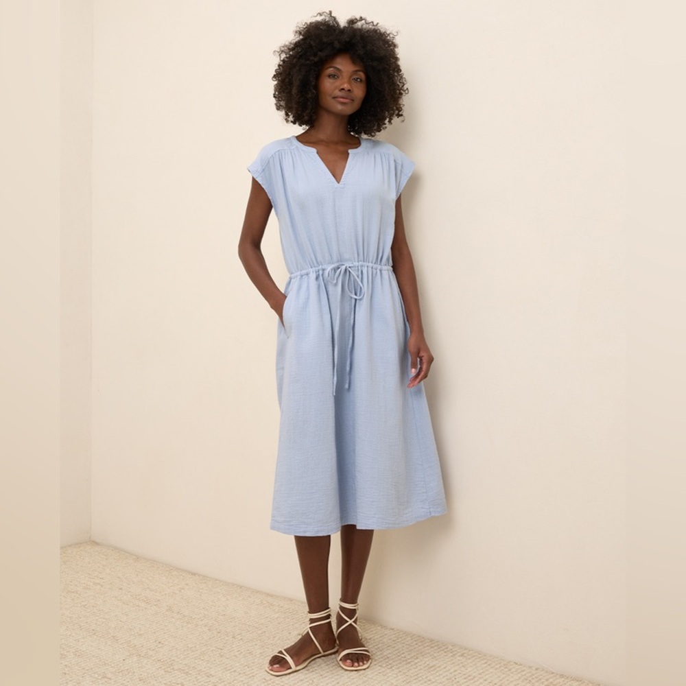 Pact 100% Organic Cotton Coastal Gauze Tie Waist Midi Dress in Cornflower Blue